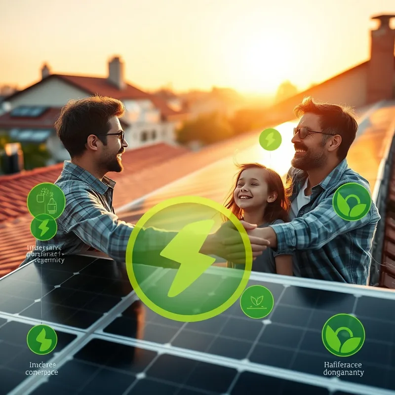 Une famille sur son toit avec des panneaux solaires, symbole d'énergie verte.