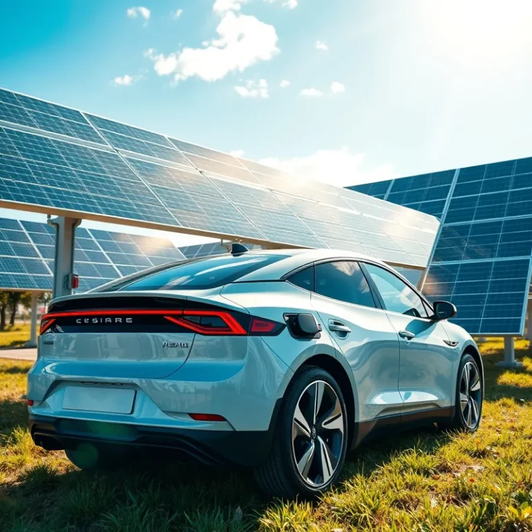 Une voiture électrique se recharge sous des panneaux solaires, illustrant l'énergie durable.