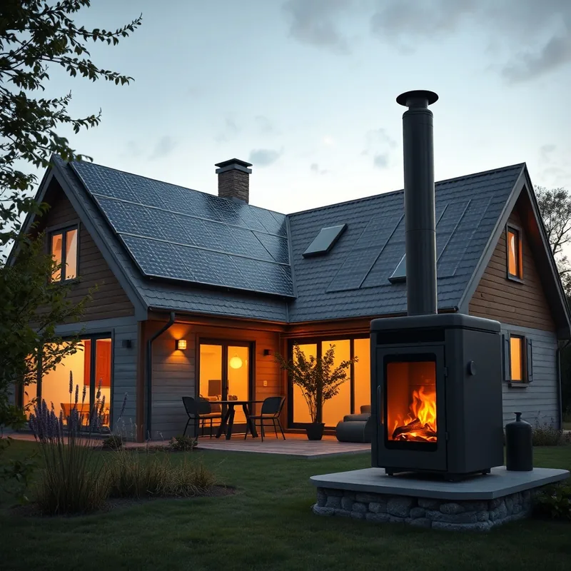 Maison moderne avec panneaux solaires et poêle à pellets