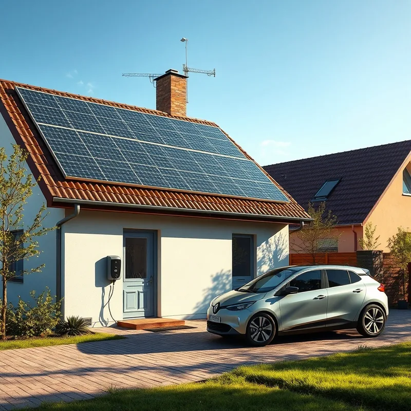 Maison moderne avec panneaux solaires et voiture électrique en charge.