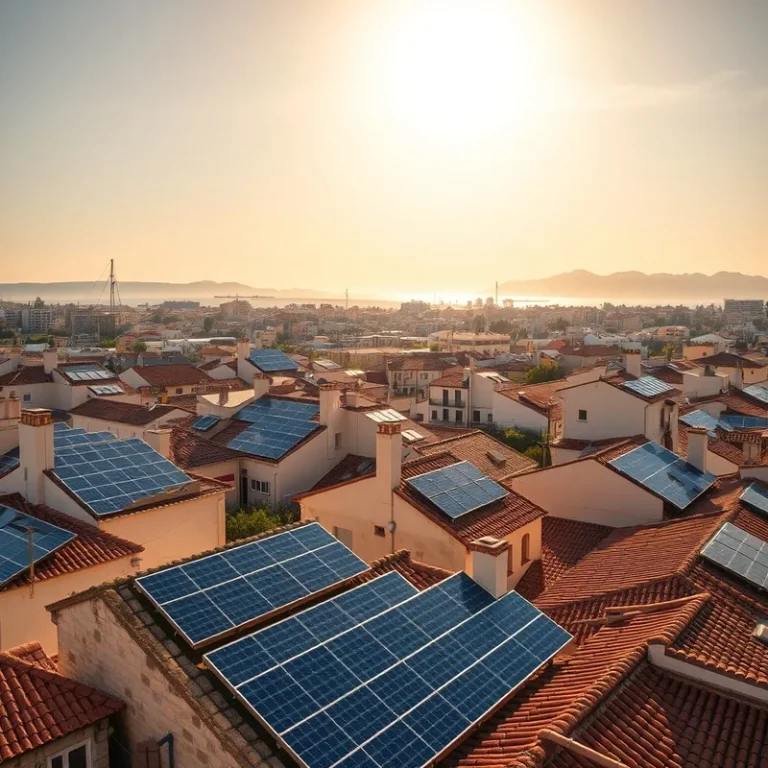 Vue ensoleillée de Marseille avec des panneaux solaires sur les toits.