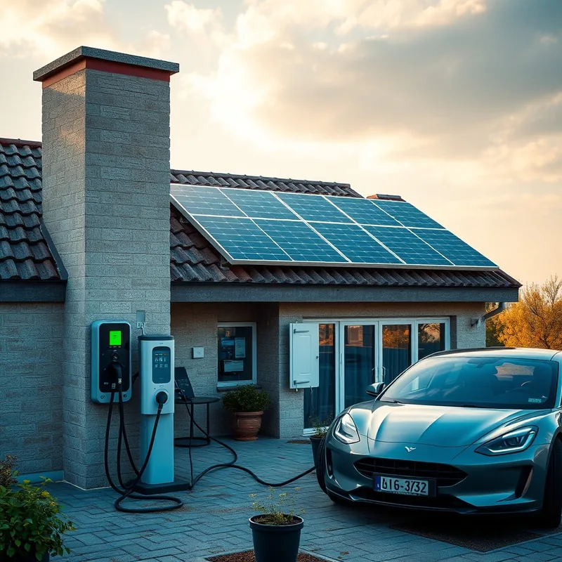 Toit avec panneaux solaires et voiture électrique en charge.
