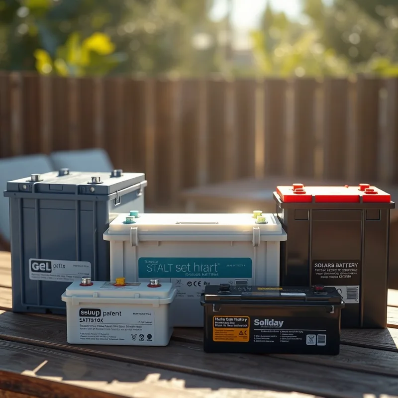 Différents types de batteries solaires sur une table en bois.