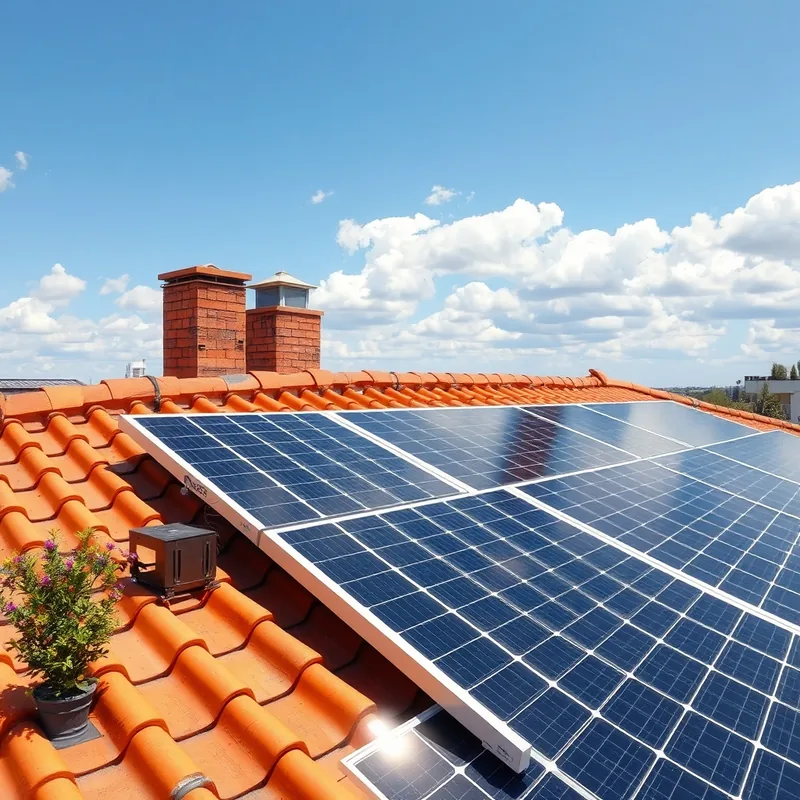 Installation de panneaux solaires sur un toit ensoleillé, illustrant l'énergie renouvelable