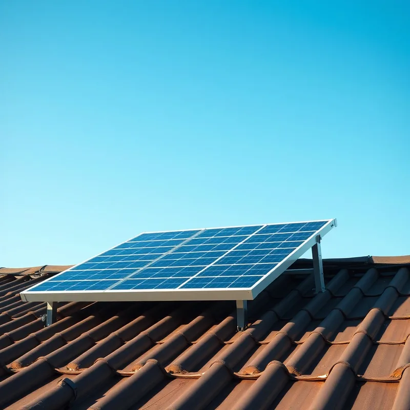 Panneau solaire sur un toit sous un ciel bleu, symbole de durabilité.