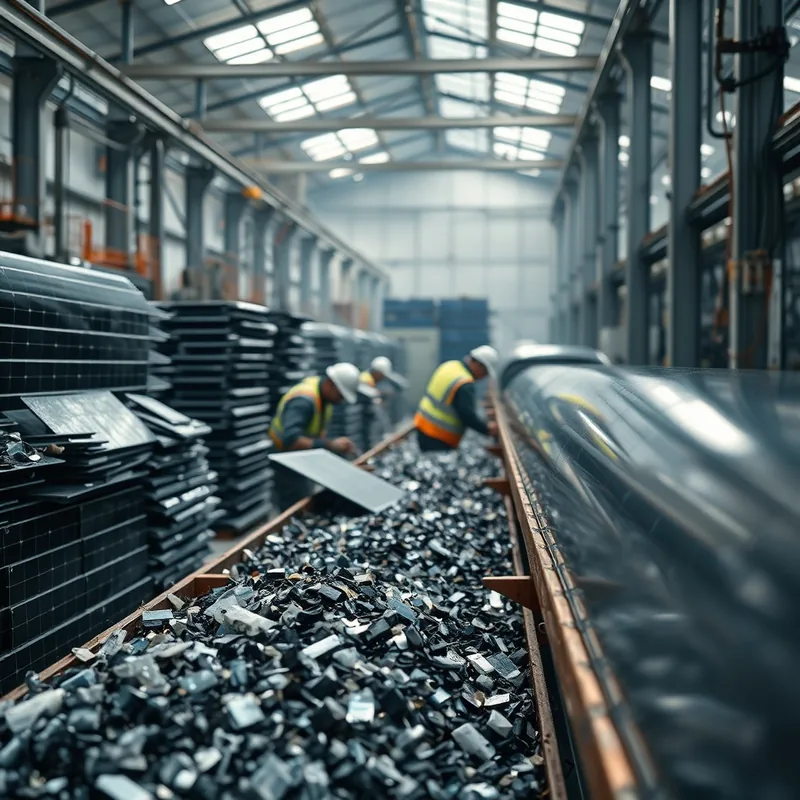 Usine de recyclage de panneaux solaires avec séparation des matériaux.