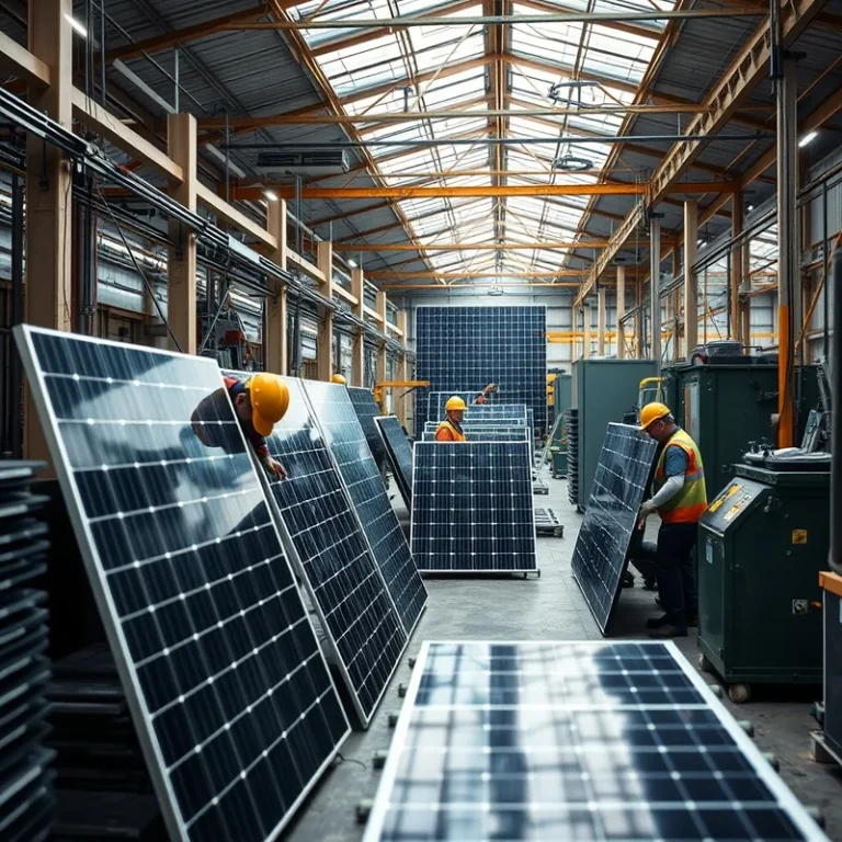 Installation de recyclage de panneaux solaires avec des travailleurs et des machines