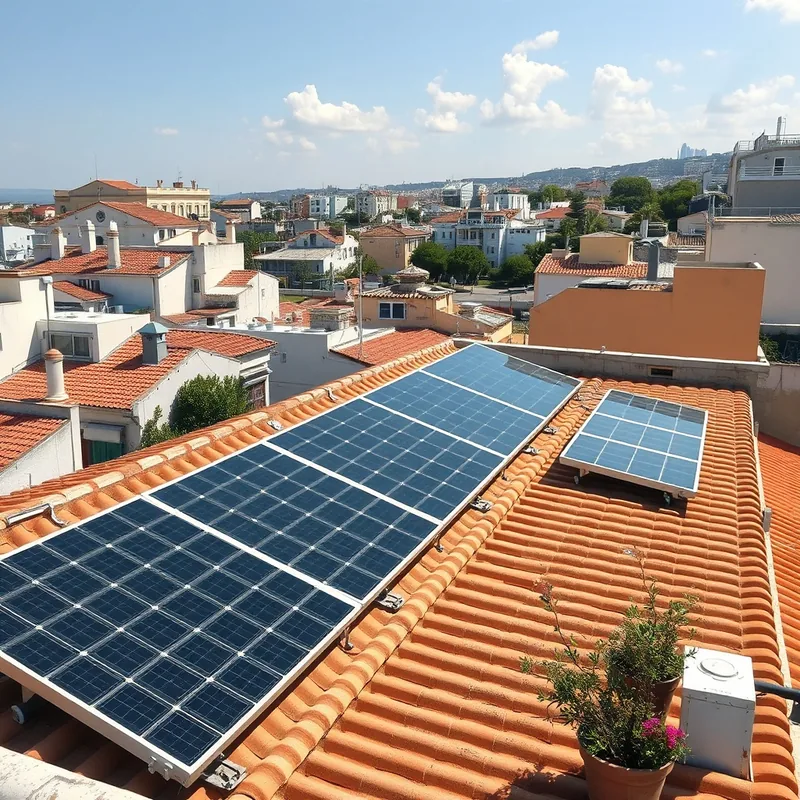 Toit ensoleillé avec panneaux solaires dans une ville méditerranéenne