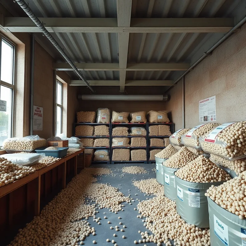 Espace de stockage de pellets bien organisé et ventilé.