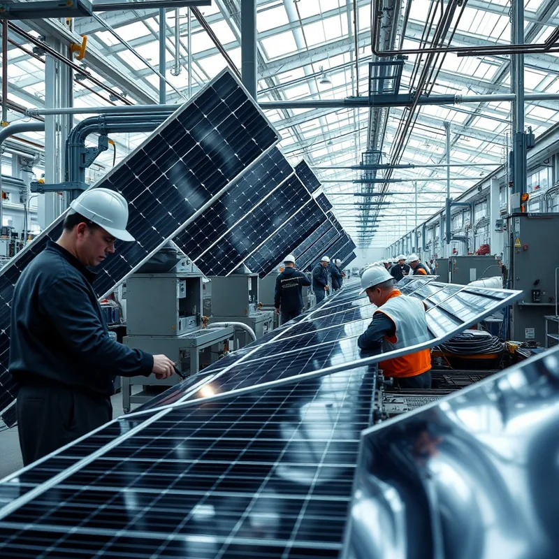 Usine de panneaux solaires en Chine avec des ouvriers au travail.