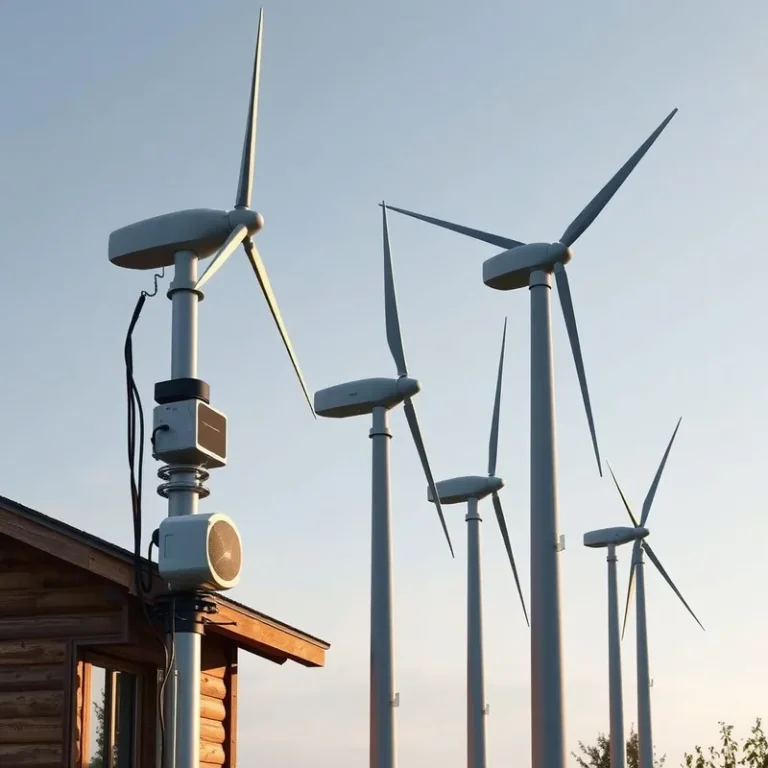Installation d'éoliennes domestiques de différentes tailles sous un ciel dégagé