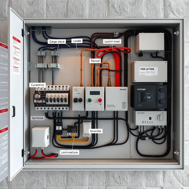 Panneau électrique moderne illustrant un système triphasé avec appareils connectés.