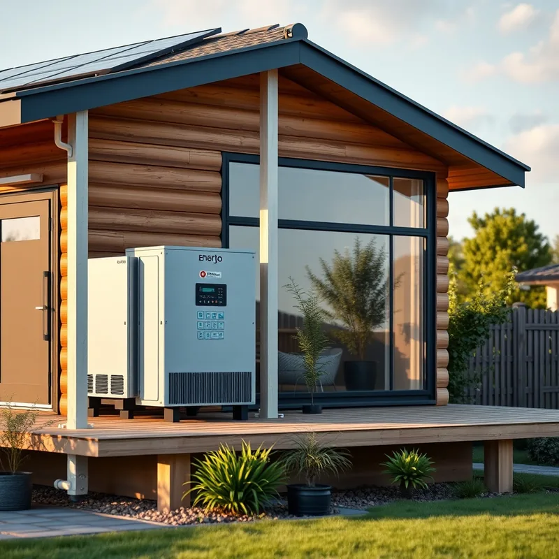 Maison moderne avec panneaux solaires et onduleur triphasé.