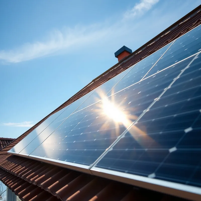 Installation de panneaux solaires sur un toit résidentiel sous un ciel bleu.