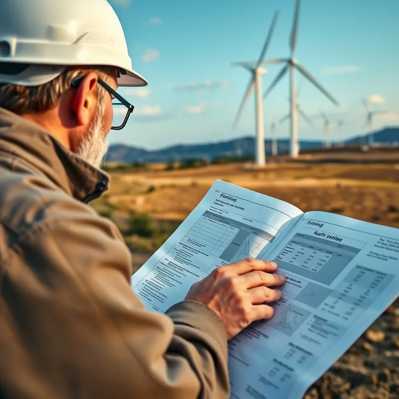 Personne analysant l'installation d'éolienne et documents financiers.