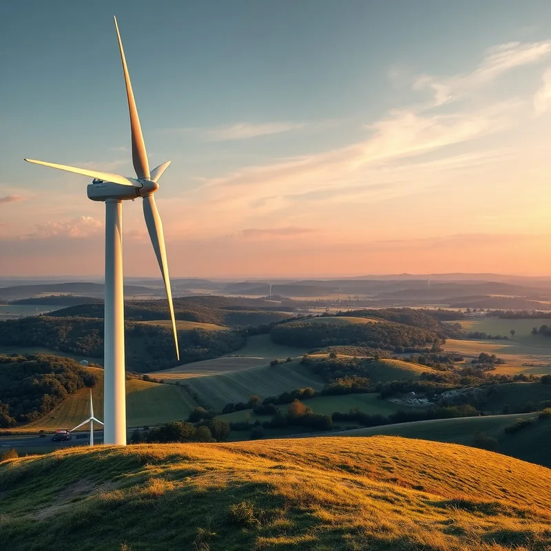 Un paysage avec une éolienne moderne, symbole d'énergie renouvelable.