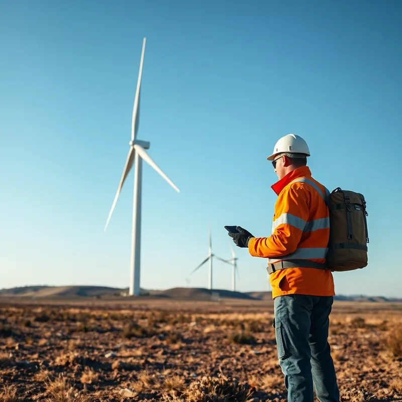 Installation d'une éolienne dans un paysage dégagé avec un technicien.