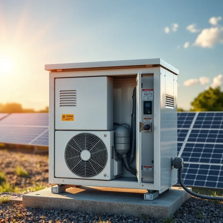 Coffret AC photovoltaïque illustré avec panneaux solaires et soleil.