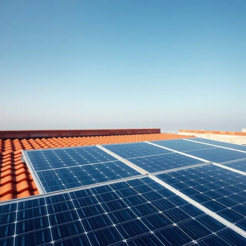 Panneaux solaires sur un toit sous un ciel bleu.