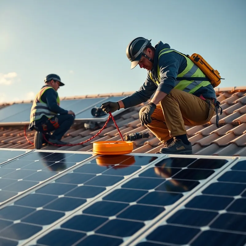 Installation de panneaux solaires sur un toit sous un ciel bleu.