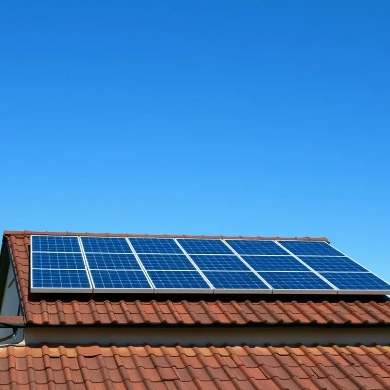 Une toiture avec des panneaux solaires sous un ciel bleu.
