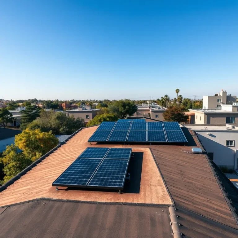 Toit avec panneaux solaires et arbres environnants sous un ciel dégagé