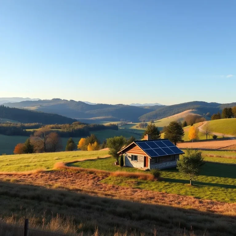 Un paysage rural avec des panneaux solaires sur une maison isolée.