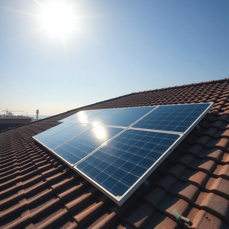 Toit avec panneaux solaires sous un soleil éclatant, symbolisant des économies d'énergie.