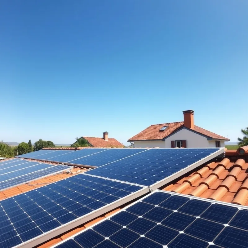 Toit ensoleillé avec panneaux solaires et maison en arrière-plan